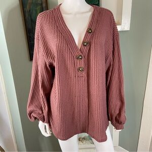 Mauve Pink Henley Waffle-knit Blouse Top Shirt 2X Volup Plus Long Sleeve